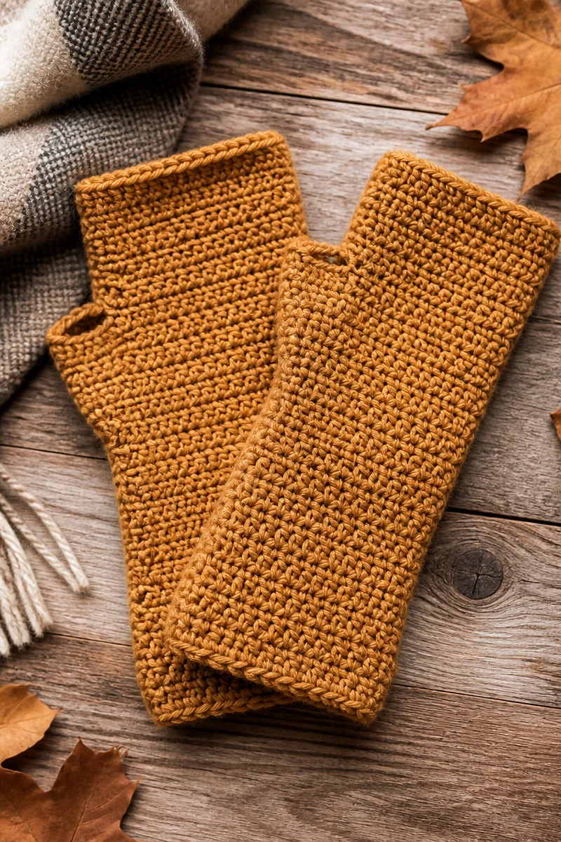 Crochet fingerless glove pattern for fall in warm colors