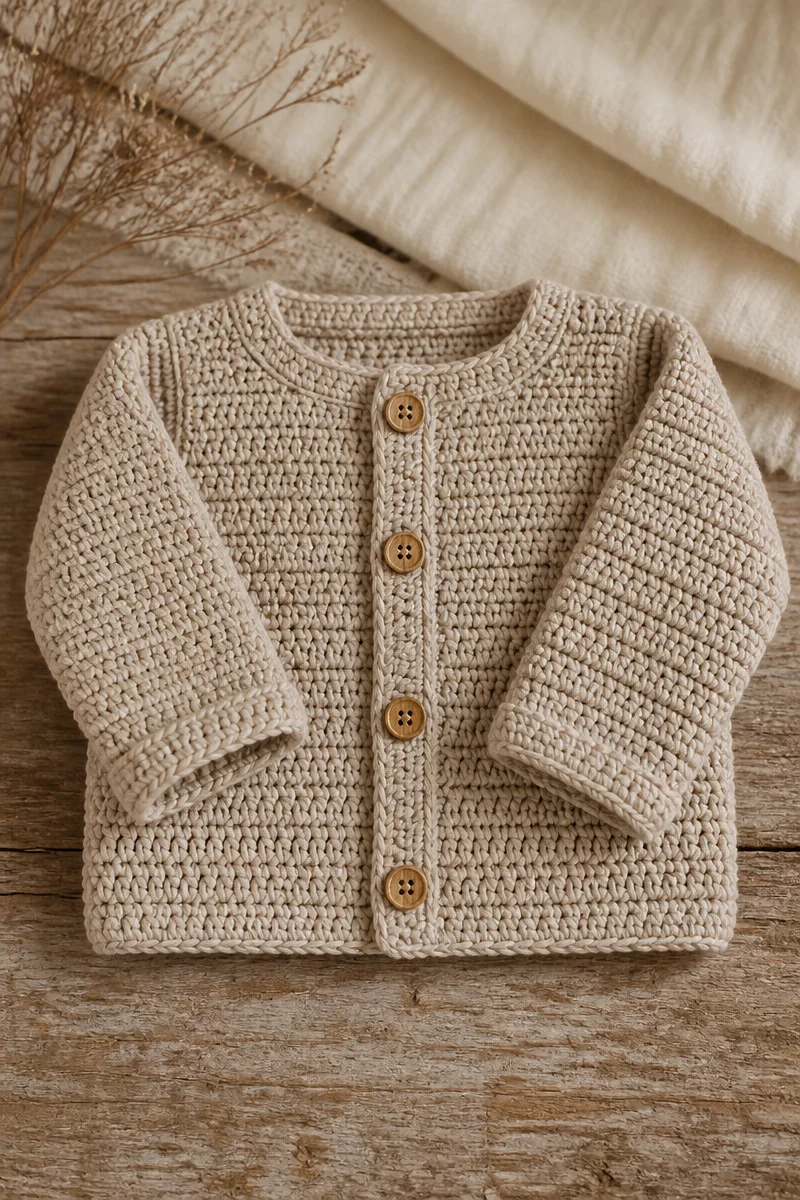 Crochet gender neutral baby cardigan for infants, showcasing a cozy knit design.