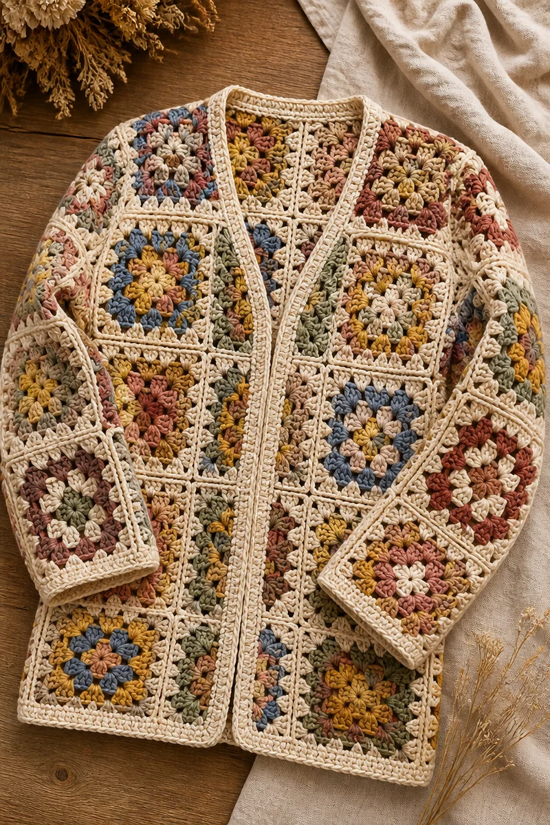 Crochet Grandmother Square Cardigan showcasing colorful squares