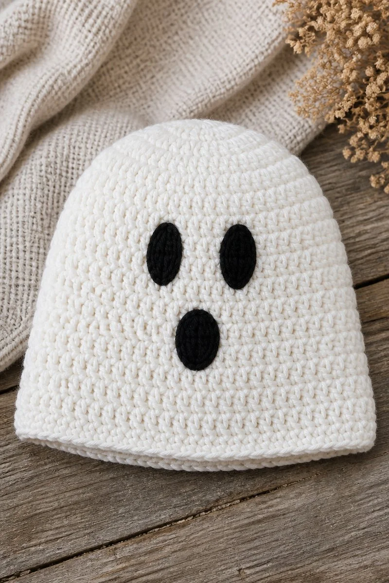 Crochet Halloween ghost baby hat for festive spooky baby looks