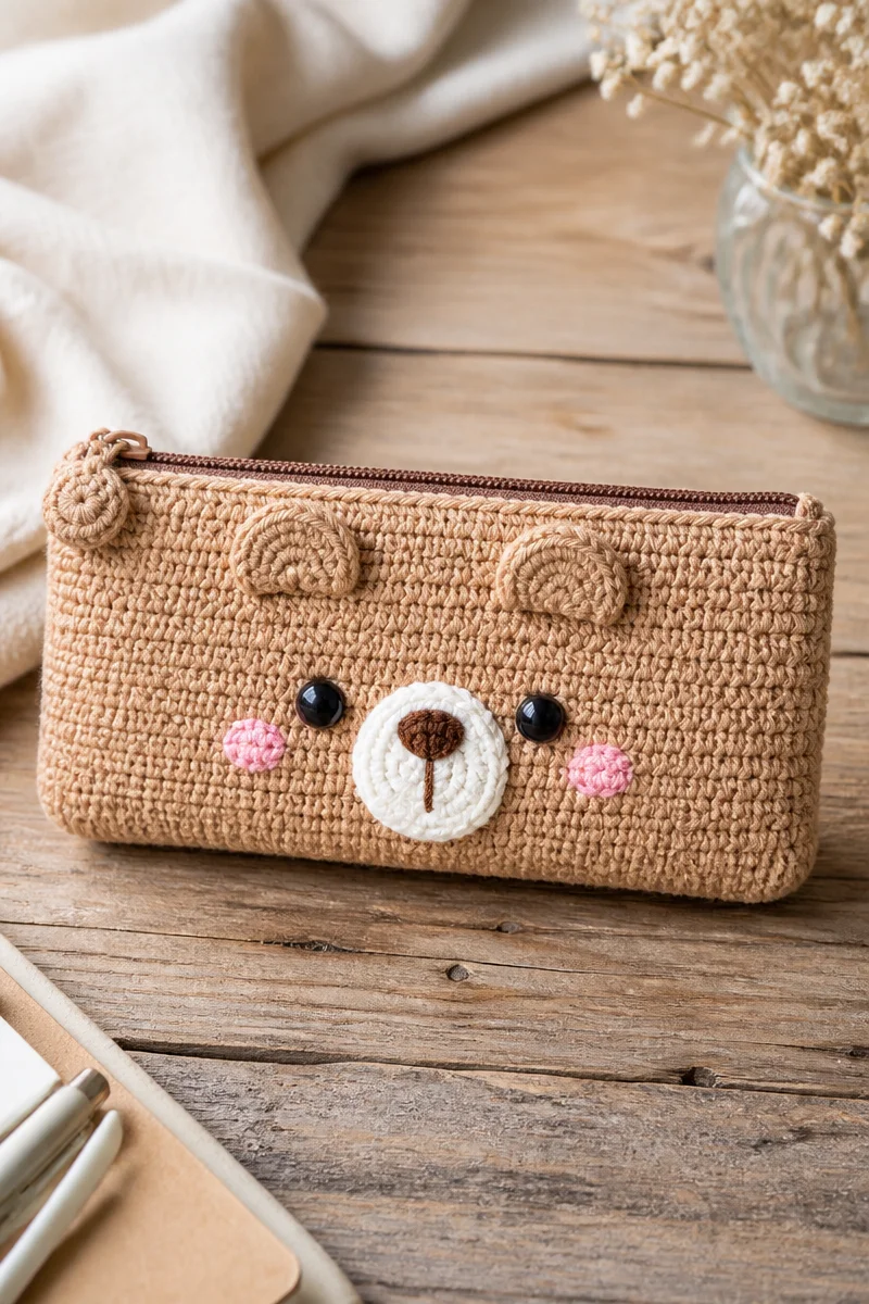 Cute crochet pencil case pattern for organizing stationery.