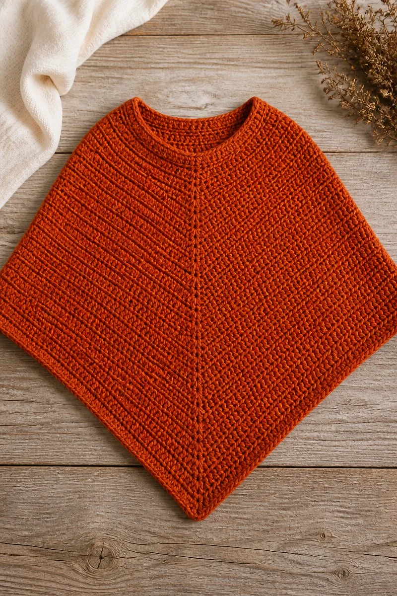 Cozy crochet poncho for autumn layering in warm colors.