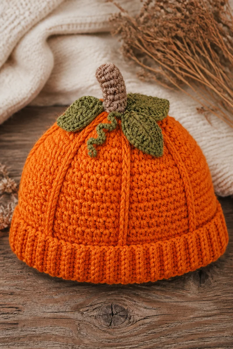 Crochet pumpkin hat baby pattern showcasing a cute knitted hat for infants.