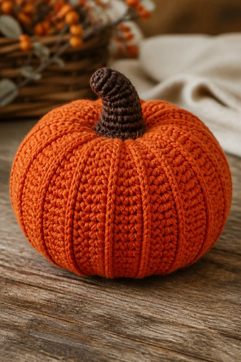Colorful crochet pumpkin table centerpiece for autumn decor