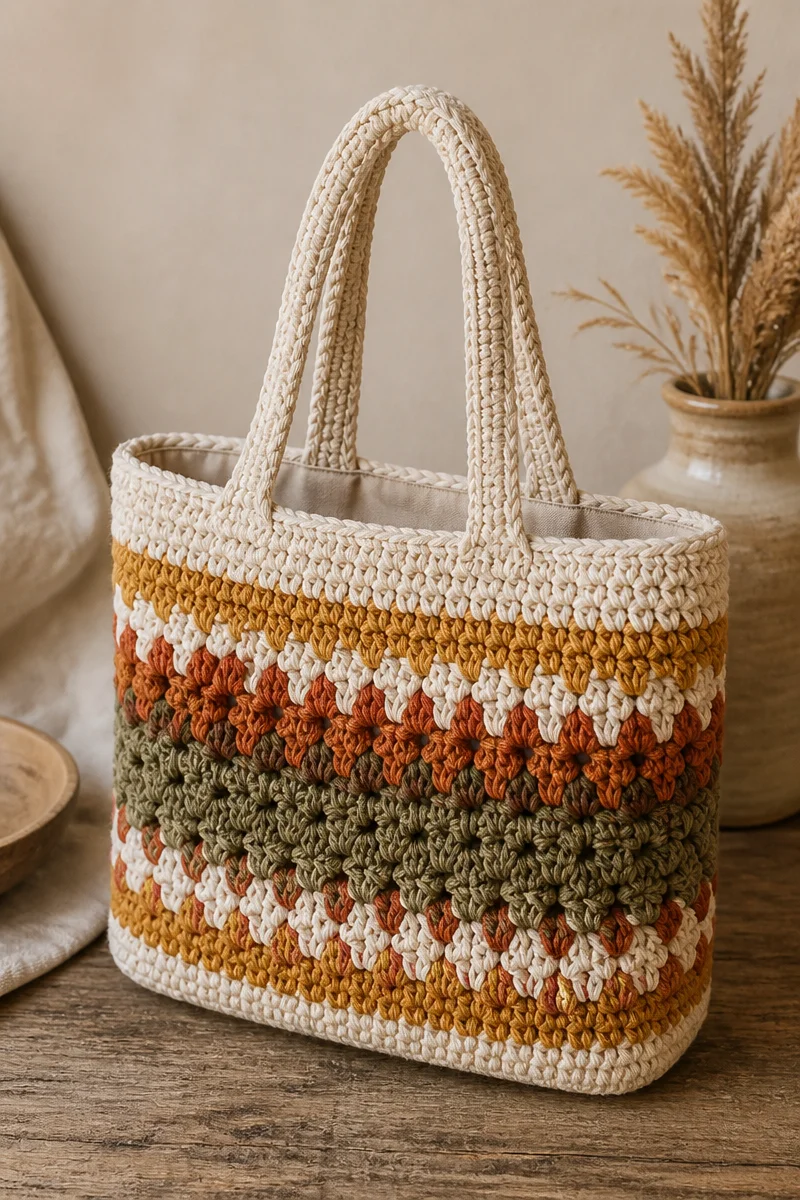 Crochet tote bag in fall pattern featuring warm colors