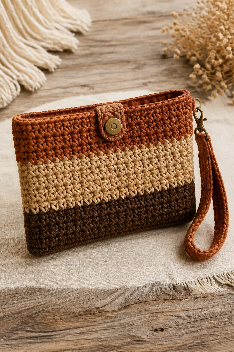 Crochet wristlet purse pattern showcasing a beautiful fall design.