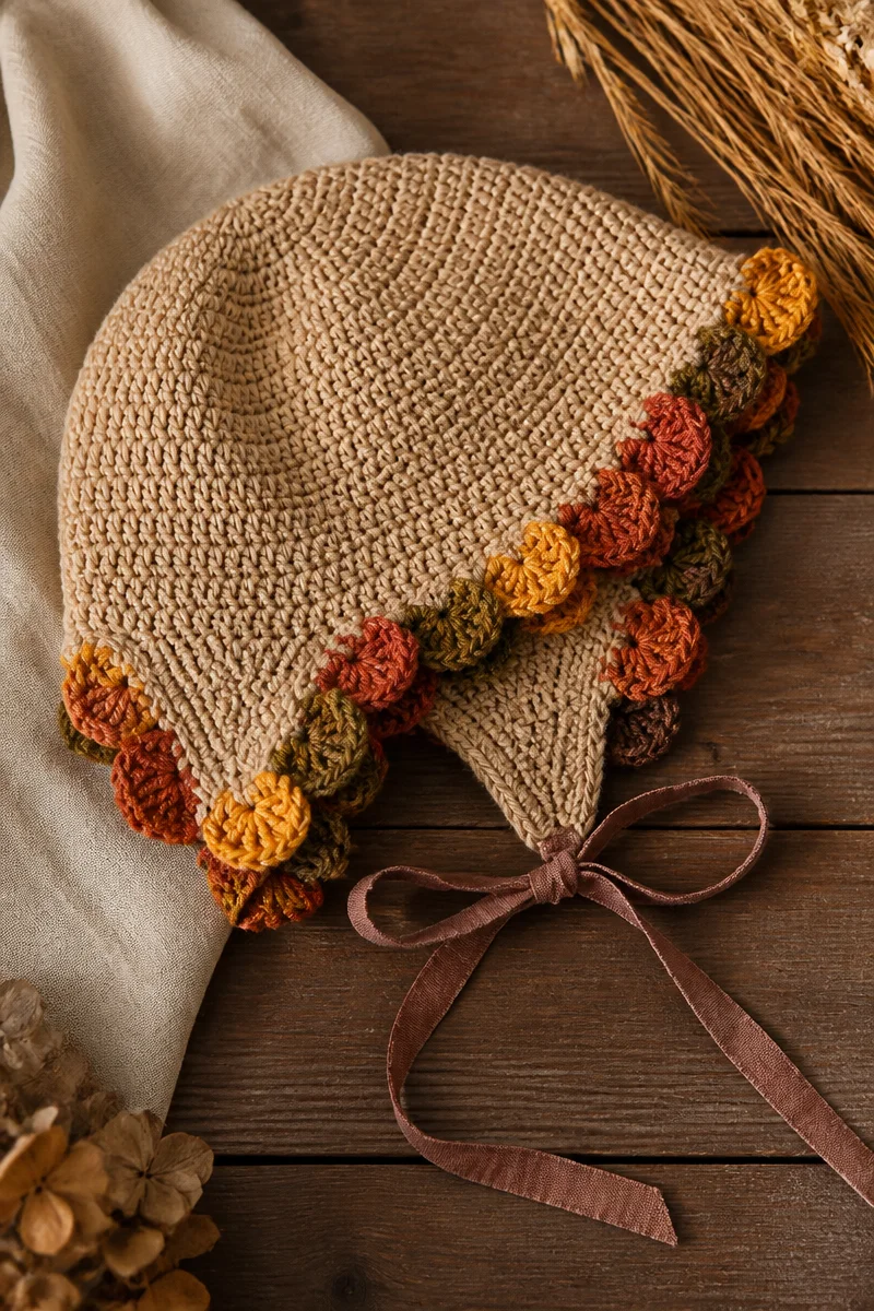 Adorable Fall Leaf Crochet Baby Bonnet for infants, perfect for autumn outfits.