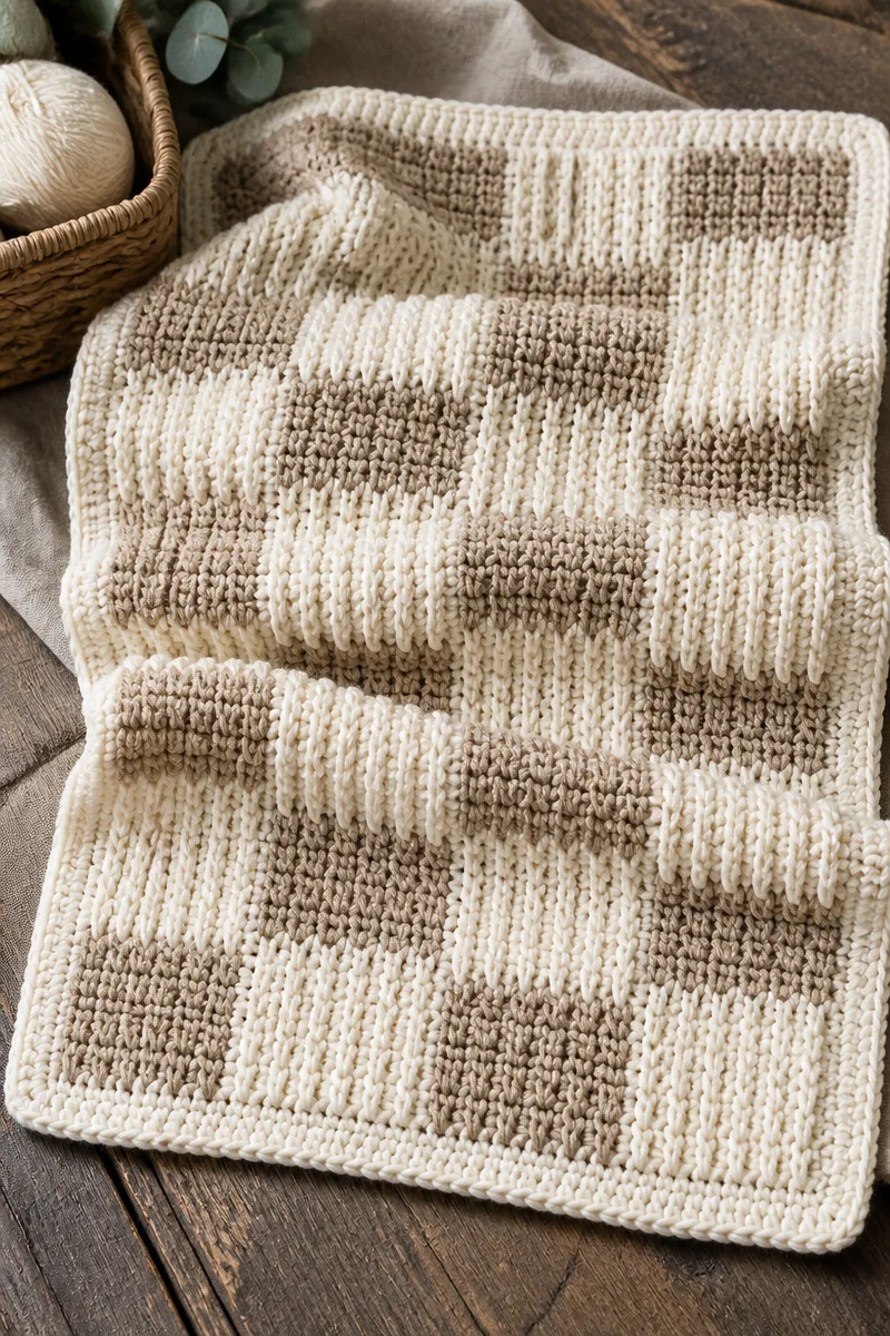 Farmhouse style crochet baby blanket in soft colors and textures