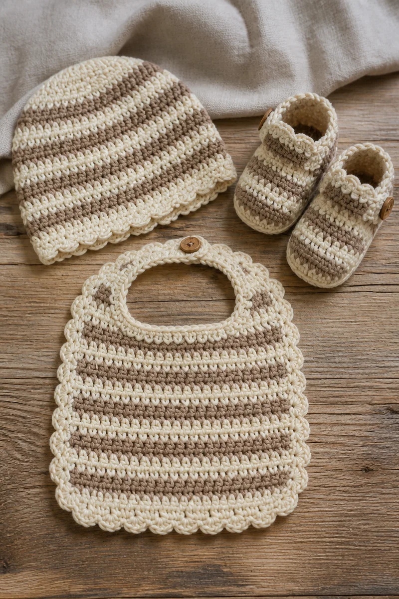 Gender neutral crochet baby set in soft yarn, designed for infants.