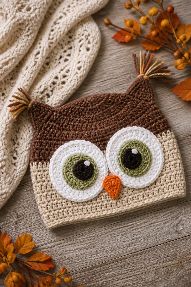 Crochet baby hat featuring a whimsical harvest owl design for infants.