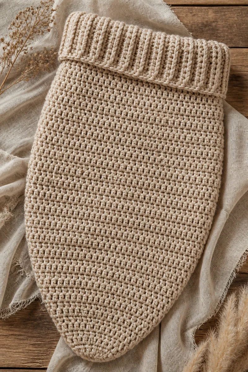 Newborn in a cozy crochet cocoon photo prop, perfect for baby photography