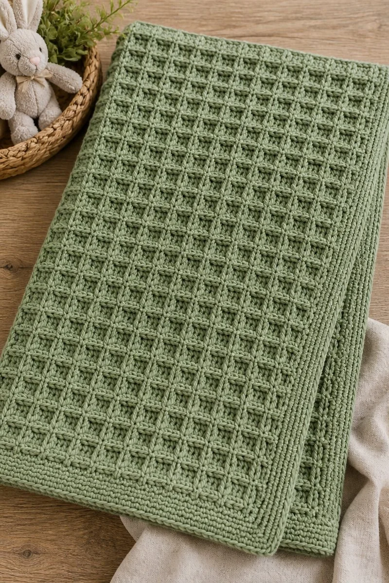 Cozy waffle stitch crochet baby blanket in pastel colors